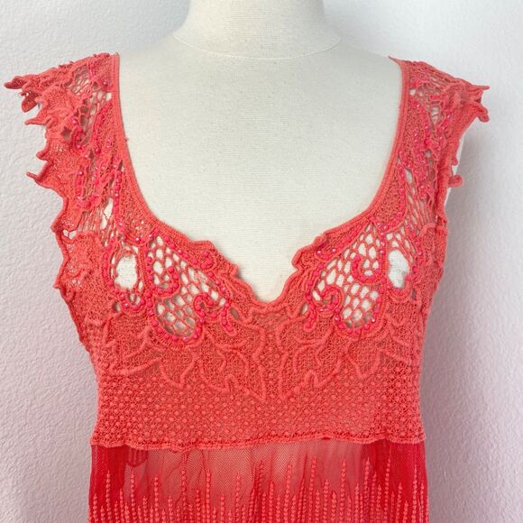 Janet Paris Orange Embroidered Mesh Top Tunic Large Studs Mesh Festival Boho - Picture 2 of 12